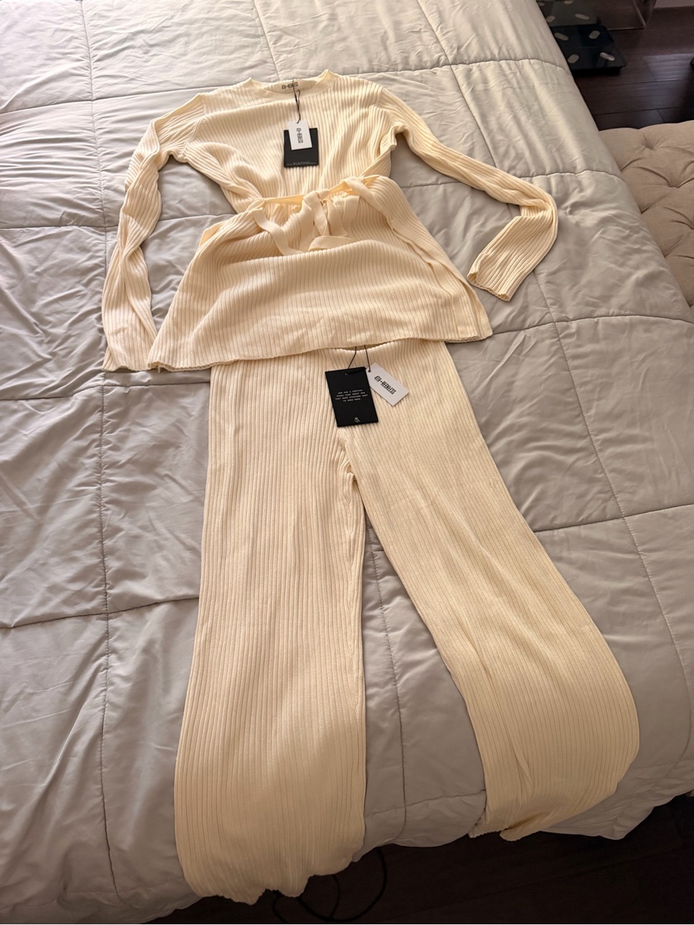 Cream Ribbed Wide-Leg Pants & Long-Sleeve Top Set